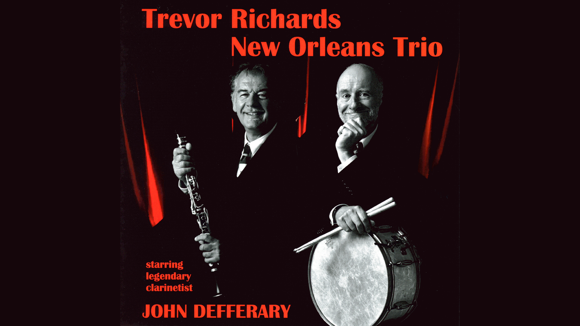 Publicity photo of the "Trevory Richards New Orleans Trio" with John Defferary holding a clarinet and Trevor Richards holding a drum and sticks
