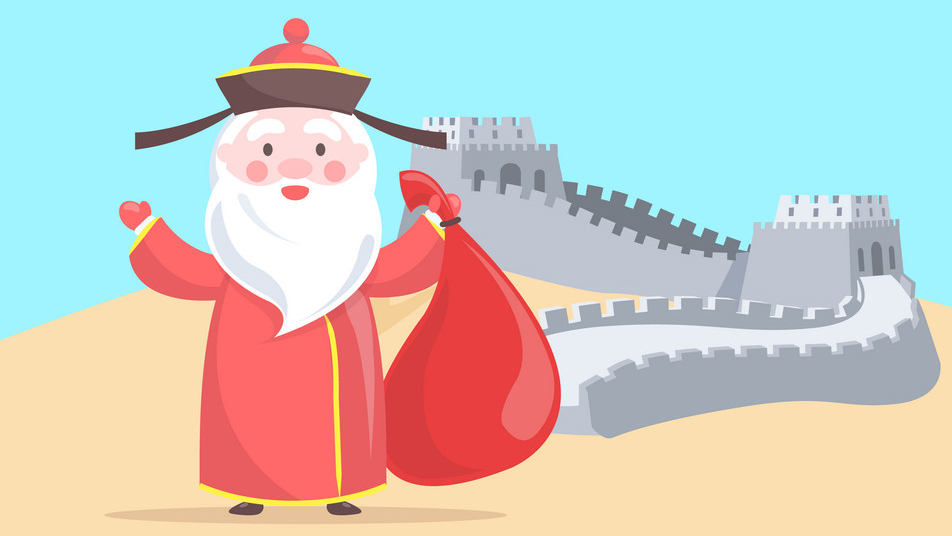 Oriental Santa Claus with huge bag full of presents stands near famous Great Wall.