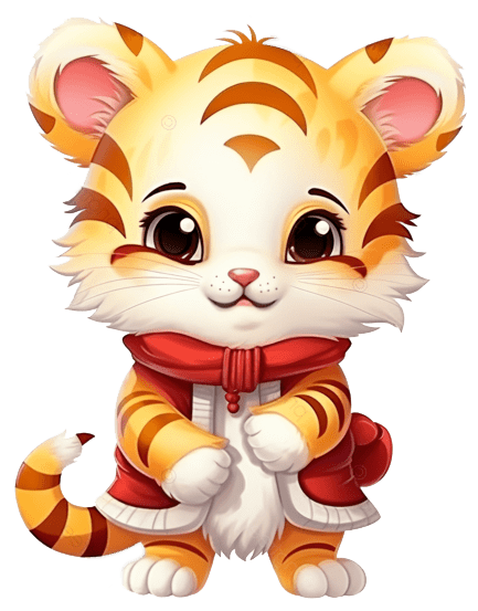 A cute cartoon tiger wearing a Christmas outfit