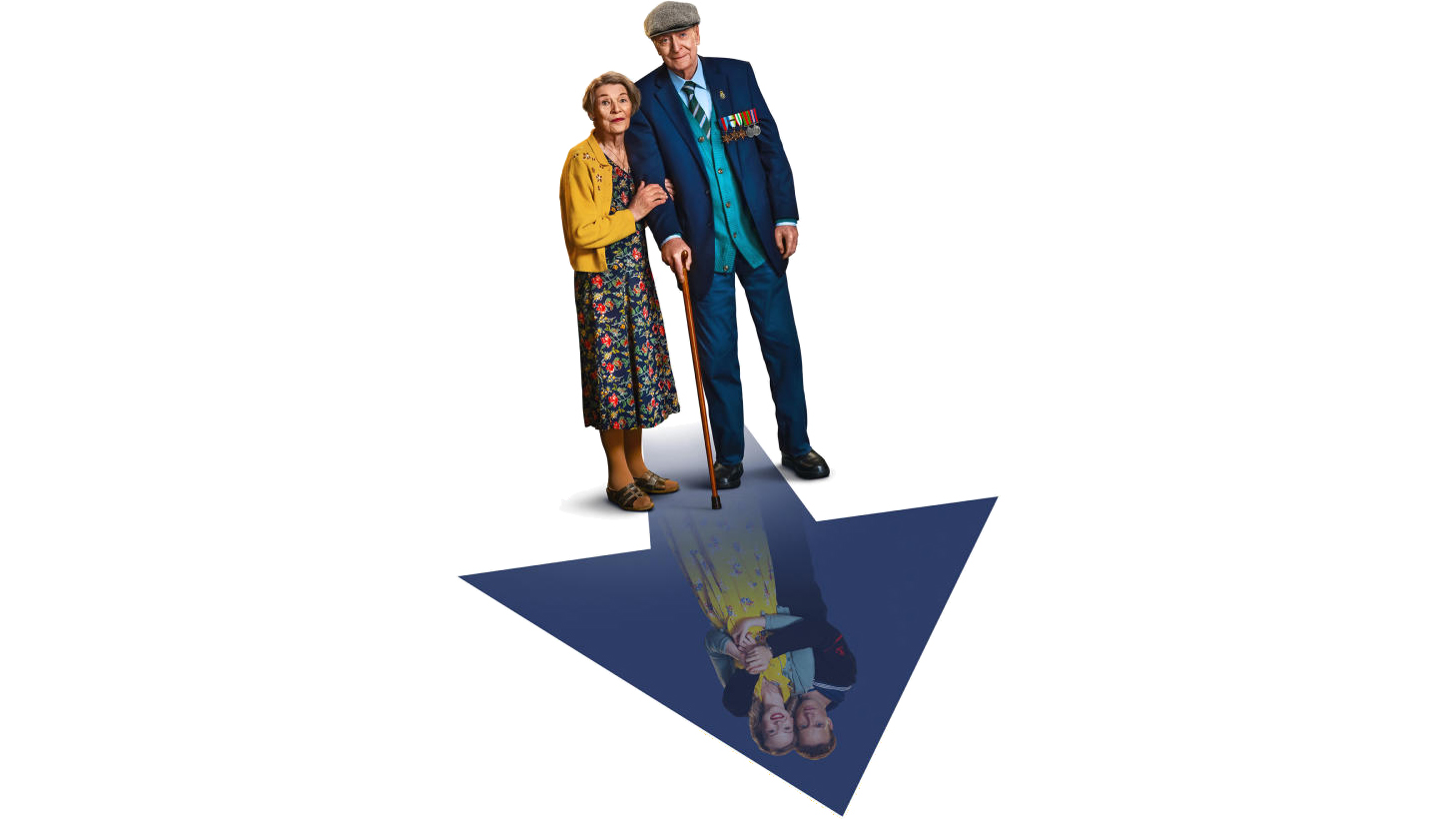 A middle-aged man and woman, supporting each other, facing the camera, with a dark blue arrow pointing forward, showing a reflection of younger versions of them.