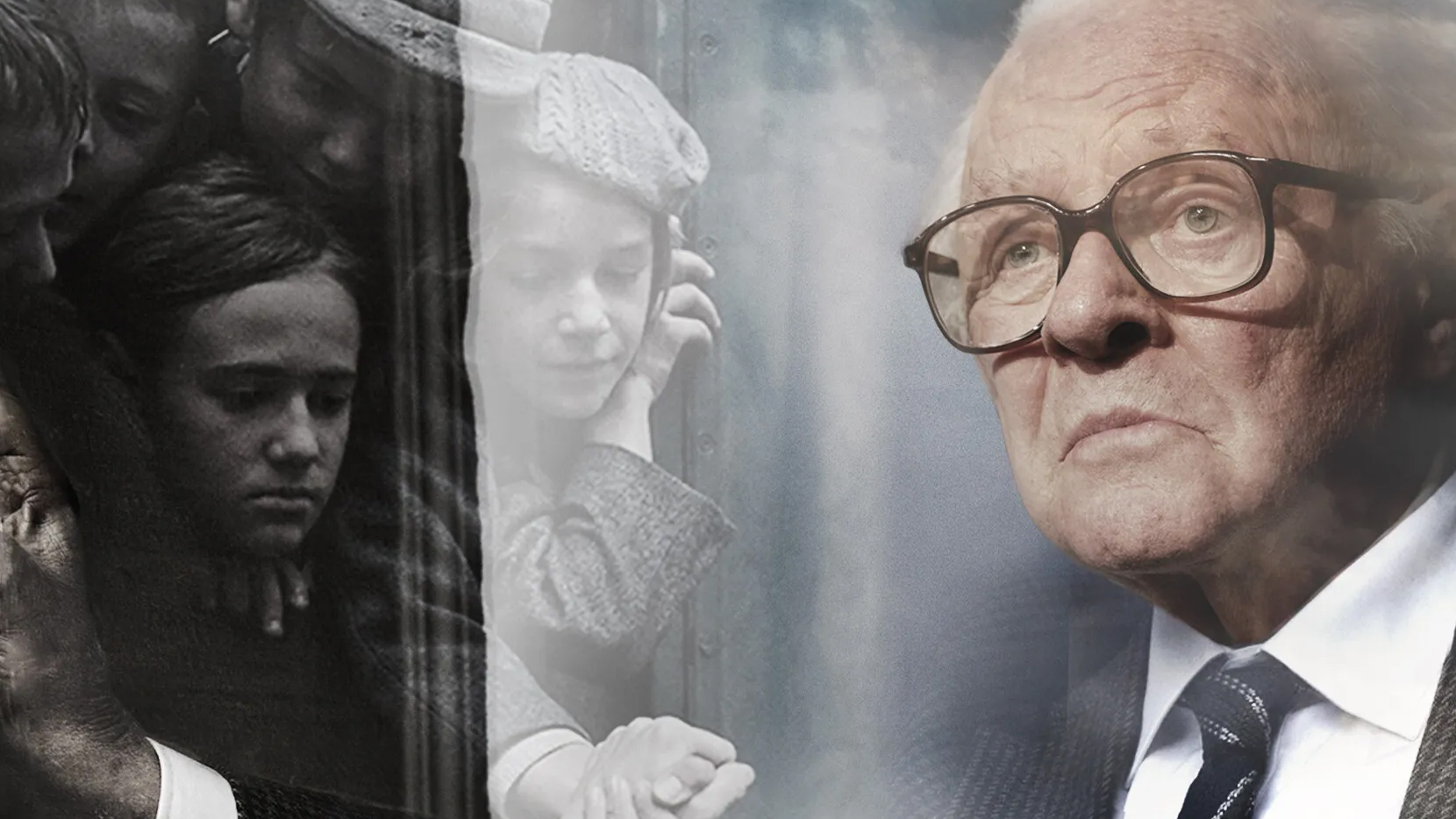 Excerpt from the movie poster for "One Life", with a portrait shot of Anthony Hopkins' character on the right, details from a railway station scene on the left