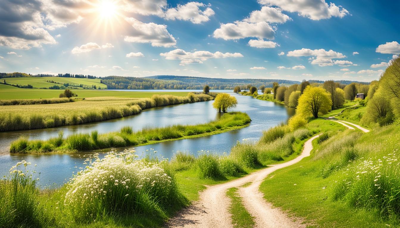 A hiking path along a wide and quiet river on a beautiful sunny day in spring (AI-generated image)