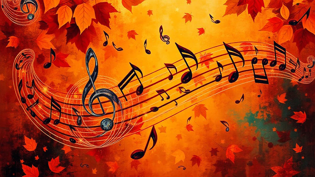 A swirling staff of musical notes against a colourful autumn background