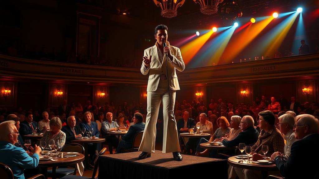 Elvis Prestley performing on an elevated stage, microphone in hand, colorful stage lights, a bistro audience (middle-aged people) in the foreground.