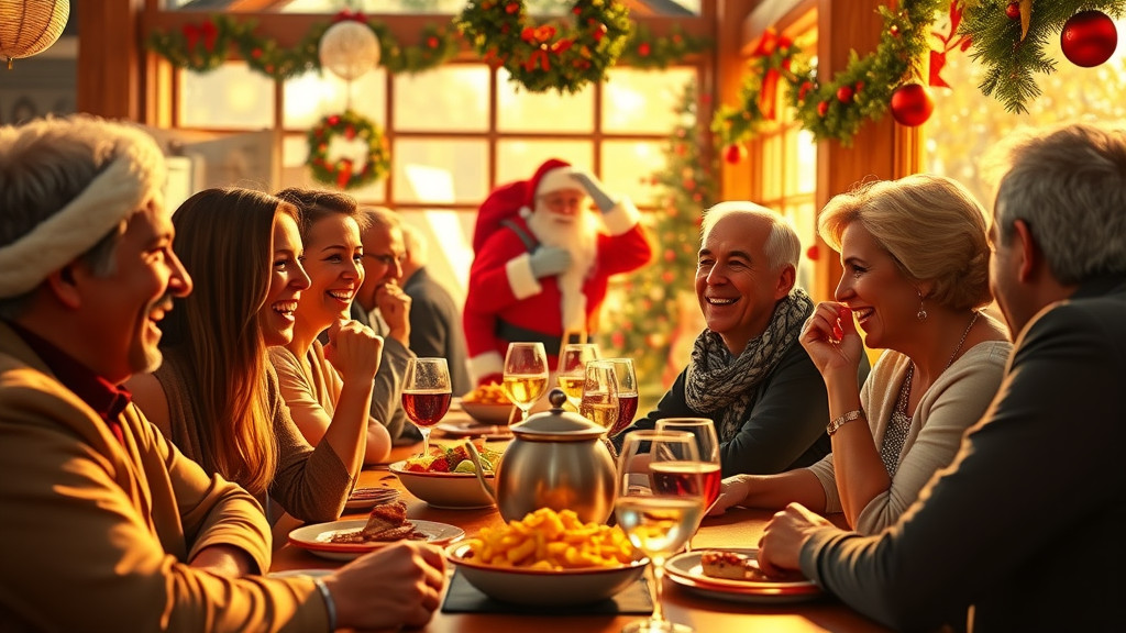 A group of people having a brunch in a restaurant, in the background Santa Clause arriving with his sack