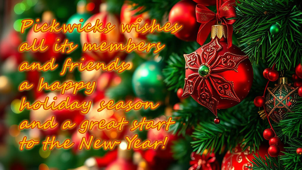 A colourful backdrop with Christmas ornaments, overlaid with the text "Pickwicks wishes all its members and friends a happy holiday season and a great start to the New Year!"