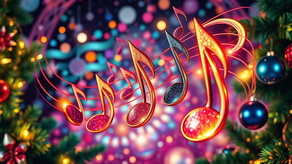 Some 3-dimensinal notes of music in front of a colorful Christmas background.