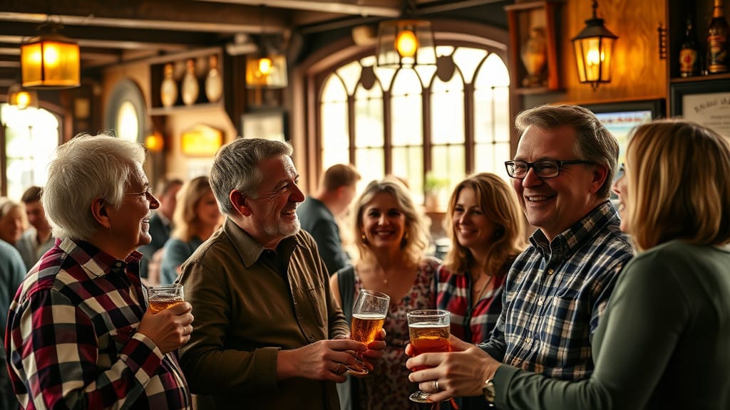 Several middle-aged men and women indoors in a bar, decorated in British and US-American style.