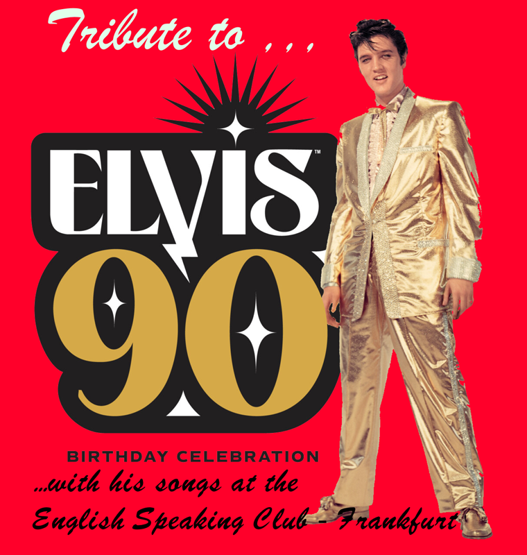 A smiling Elvis in a gold suit, with some text on a red background advertising this concert