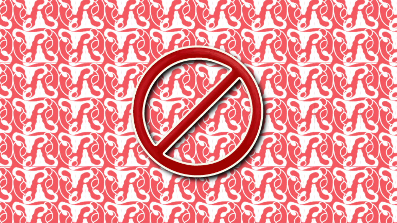 An infinite pattern of stylised reproductive organs in pink as a backdrop to a "No" symbol in red.