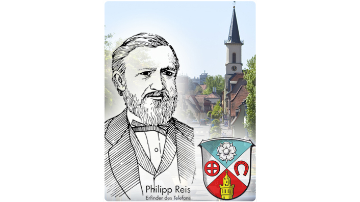 A pencil portrait of Friedrich Reis in front of the church tower and the coat of arms of Friedrichsdorf