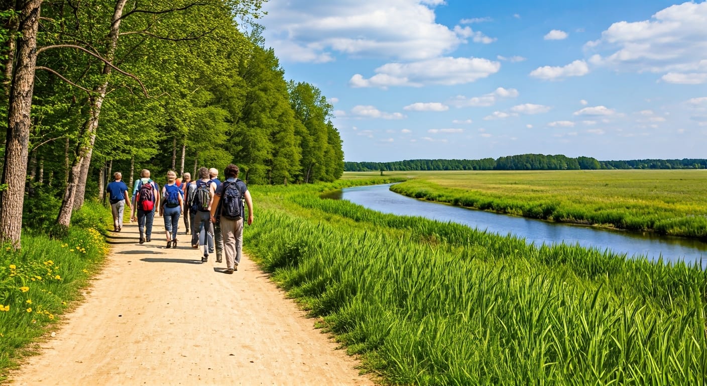 A beautiful hiking trail in early summer with a group of ten relaxed walkers, the path stretching out from a forest onto a winding river in a flat landscape, blue sky with some puffy white clouds.
