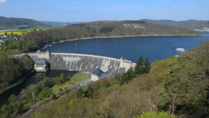 Aerial view of the Edersee reservoir dam