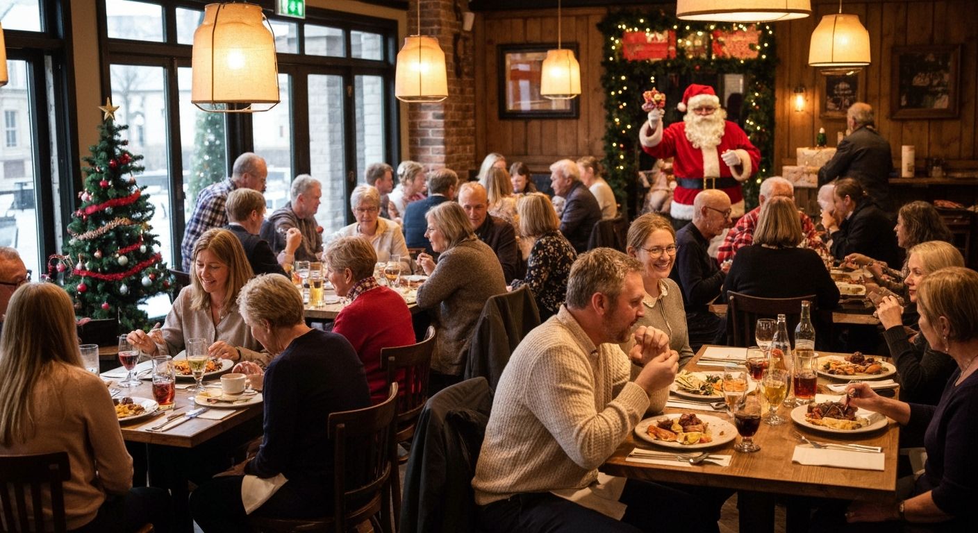 A large group of middle-aged people having a Christmas brunch in a British restaurant, in the background Santa Clause getting some presents from his sack.