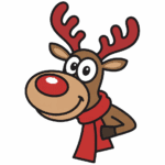 Portrait of a cartoon Rudolph the Red-Nose Reindeer wearing a red scarf