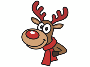 Portrait of a cartoon Rudolph the Red-Nose Reindeer wearing a red scarf