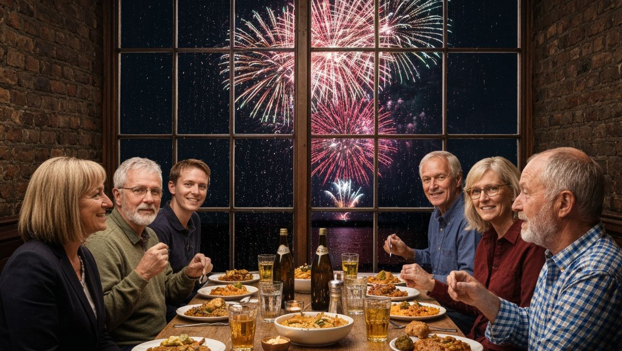 A group of middle-aged people sitting around a table in a British pub, having Indian food. Through a window fireworks are visible. Photorealistic style.