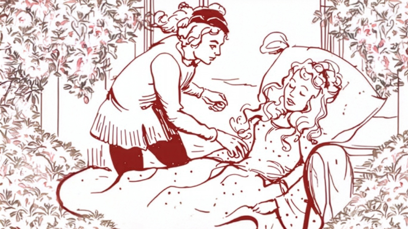The scene is a drawing of the princess sleeping in her bed among rose bushes, with Prince Charming bending down over her, about to touch her arm and awaken her.