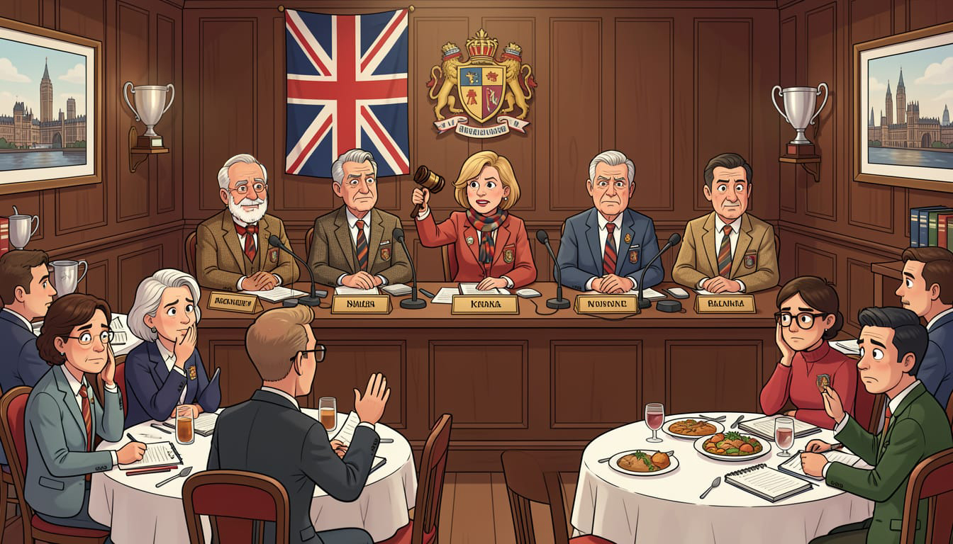 cartoon illustration of a British club annual general meeting taking place inside a traditional restaurant.