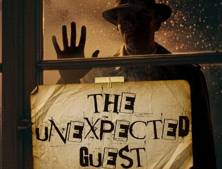 The silhouette of a man wearing a hat standing outside a glass door bearing the words 'THE UNEXPECTED GUEST', made up of individual cut-out letters.