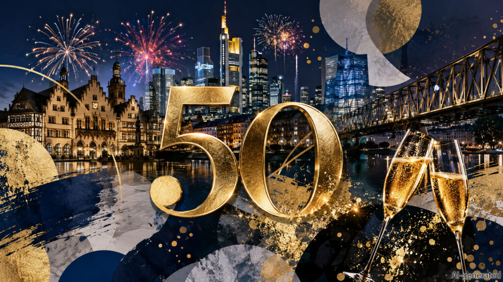 Abstract anniversary collage for the 50th anniversary celebration of the Pickwicks Club in Frankfurt am Main, featuring a large golden “50”, champagne glasses, fireworks, and the illuminated Frankfurt skyline with iconic landmarks at night in an elegant blue-and-gold design