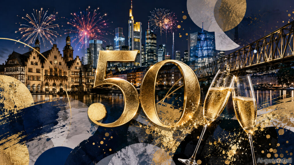 Abstract anniversary collage for the 50th anniversary celebration of the Pickwicks Club in Frankfurt am Main, featuring a large golden “50”, champagne glasses, fireworks, and the illuminated Frankfurt skyline with iconic landmarks at night in an elegant blue-and-gold design