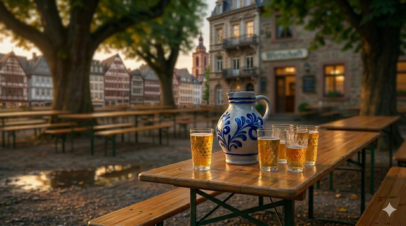 A typical Frankfurt "bembel" and some glasses on the beer garden table of an apple wine pub in the evening.