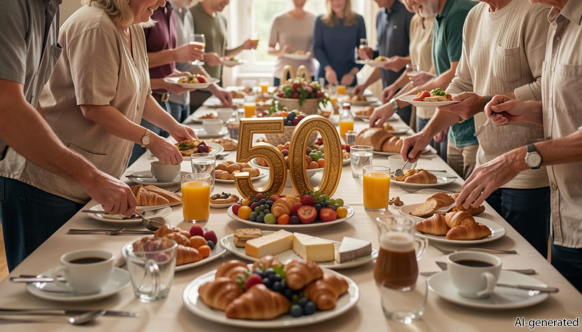 A long brunch table filled with food and drinks, with a golden “50” centerpiece among the dishes. Around it, many middle-aged people stand, visible only from the shoulders down, chatting, serving food, and eating in a lively, informal celebration.