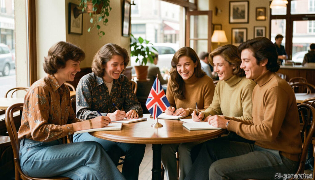 Six young adults in a 1970s-style bistro exchange ideas around a table with a small British flag, smiling toward the camera.