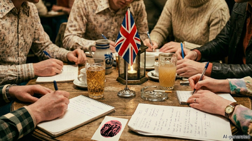 Some young adults in a 1970s-style bistro exchange ideas around a table with a small British flag, working on a project.