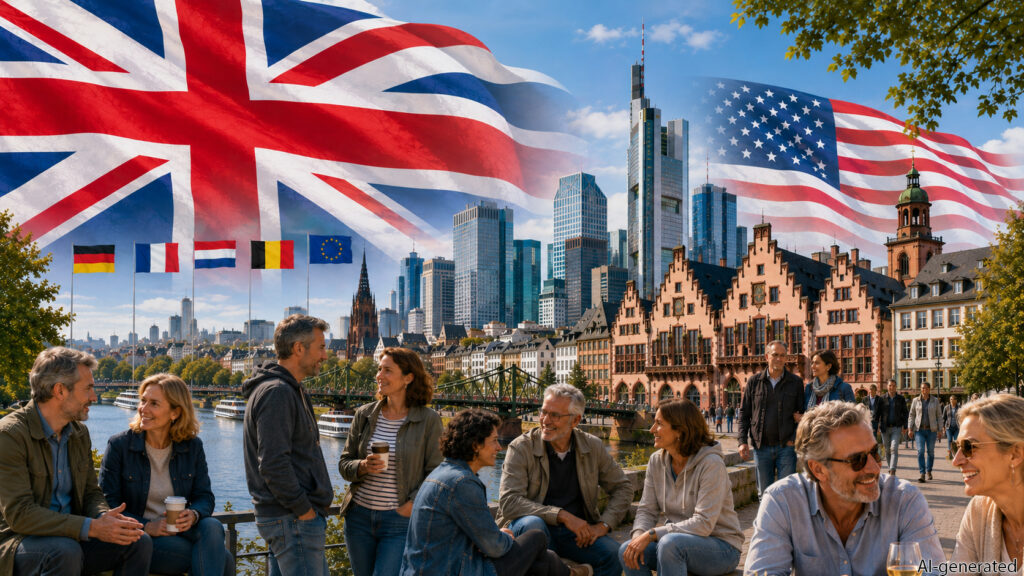 Collage-style website header showing large stylized UK and US flags, smaller Western European flags, Frankfurt skyline landmarks, and diverse people engaged in friendly conversation.