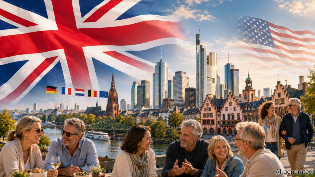 Collage-style website header showing large stylized UK and US flags, smaller Western European flags, Frankfurt skyline landmarks, and diverse people engaged in friendly conversation.
